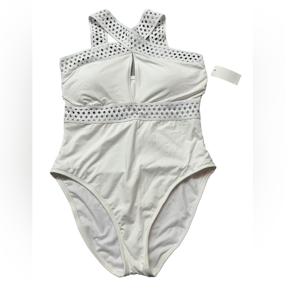 AMAVI women’s white halter cross front High Neck One Piece Swimsuit NWT - Picture 2 of 6
